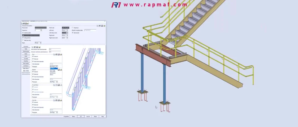 A Rapmaf composite image showing the engineering design process for a product often made from galvanized steel. On the left is the CAD software interface for designing an industrial staircase, and on the right is the finished 3D model. This illustrates the planning stage before fabricating components that require galvanizing for durability.