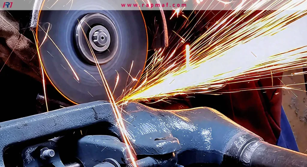 A gloved machinist using a bench grinder to shape or finish a metal part, a common type of abrasive machining.
