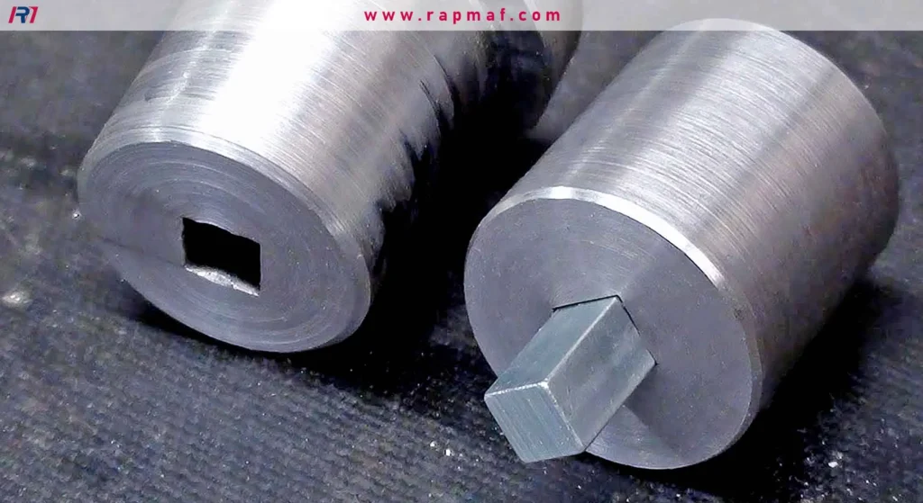 An example of finished parts from a broaching or EDM process, a machining method used to create non-circular shapes like this square hole and shaft.