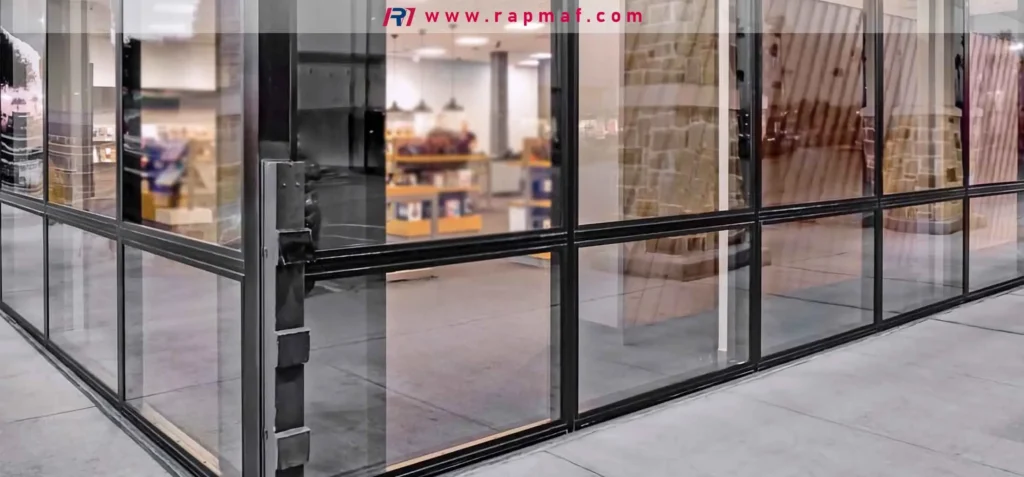 An example of architectural glazing using highly rigid, transparent sheet material. This application requires materials with high stiffness and impact strength, such as polycarbonate sheets, to replace traditional glass in commercial buildings.