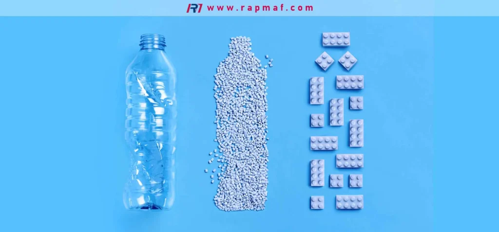 A conceptual image showing the transformation of raw plastic pellets into finished goods. The LEGO bricks on the right are a prime example of a durable, high-precision product made from ABS plastic.