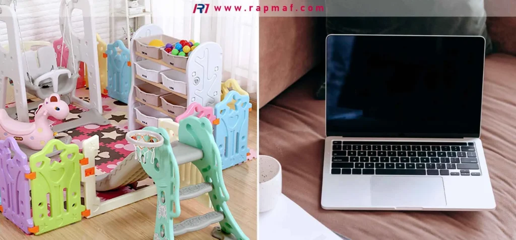 A comparison of two everyday items made with ABS plastic: a tough and safe children's toy on the left, and a sleek, sturdy laptop computer casing on the right, demonstrating the material's versatility.