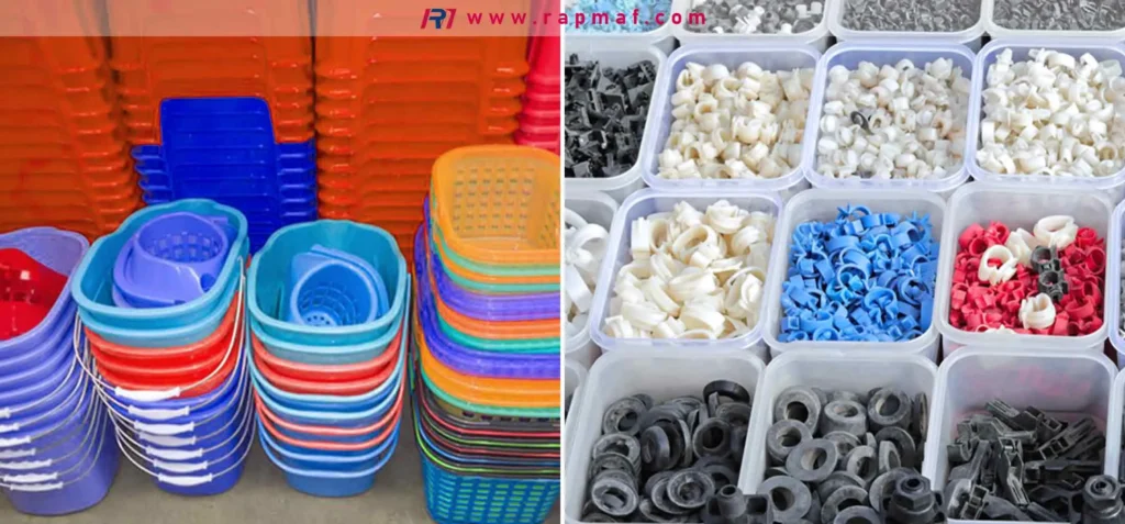 A visual representation of the plastic manufacturing lifecycle, from sorted raw or recycled materials in bins (right) to mass-produced, finished consumer goods like household baskets (left).