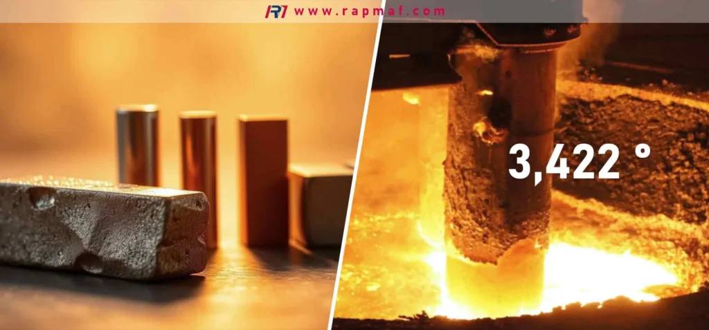 A visual representation of tungsten's refractory nature. The left panel displays sintered and machined tungsten billets, showcasing its density. The right panel depicts an arc furnace operation, with '3,422°' superimposed to emphasize its melting point, the highest of all metals.