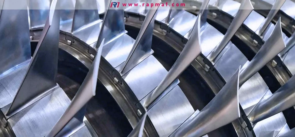 The compressor or turbine stage of an axial-flow jet engine, highlighting the complex airfoil geometry of the blades. These are manufactured from high-temperature superalloys containing tungsten to improve creep resistance and strength.