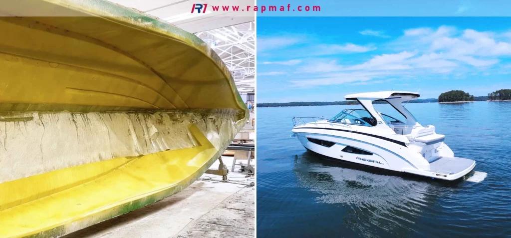 From production to product: a comparison showing the raw, yellow gel-coated fiberglass hull of a boat in a manufacturing facility and the same type of boat completed and cruising on a lake, demonstrating the material's strength and finish.