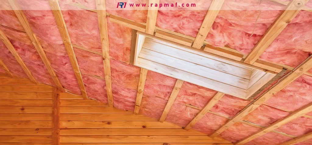 The ceiling of an unfinished attic showing the installation of pink fiberglass batt insulation between exposed wooden beams. This highlights the material's excellent thermal and acoustic insulating properties.