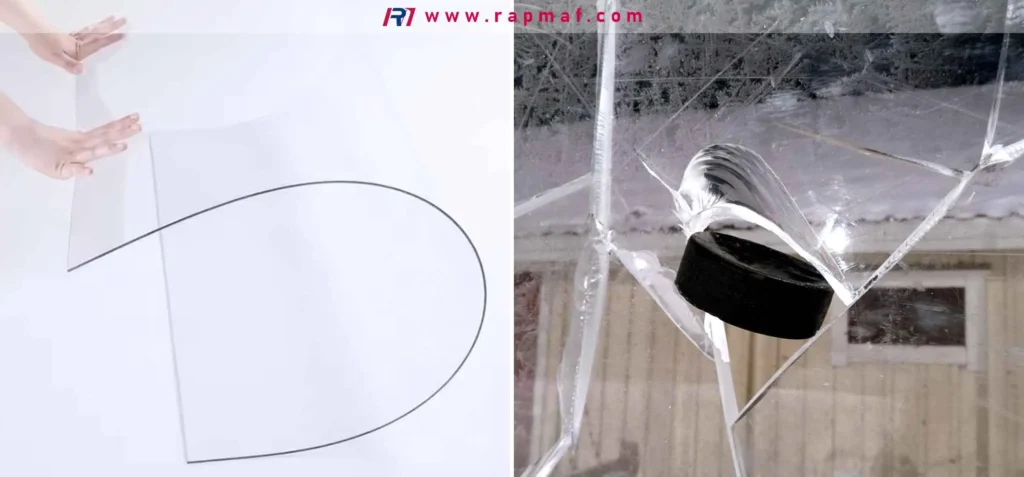A comparison of acrylic's properties: flexibility when thin (left) versus its low impact resistance and brittle fracture when struck with high force (right). This is a classic materials science demonstration used to contrast it with tougher polymers.
