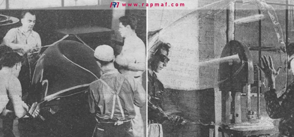 Vintage photographs depicting the early industrial production of acrylic (PMMA), showing the thermoforming of large sheets for military aircraft components in the 1940s. This highlights the material's strategic importance and long history.