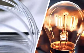 A visual comparison between a modern manufacturing filament (extruded plastic for 3D printing) and a traditional electrical filament (the glowing wire in a light bulb), showing the different uses of the term.