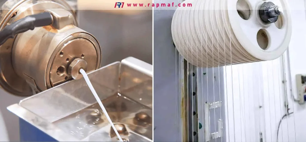 The melt extrusion process for manufacturing thermoplastic filaments. The image shows the polymer being extruded into a cooling medium and then spooled, a common method for producing materials like PLA, ABS, and PETG for additive manufacturing.
