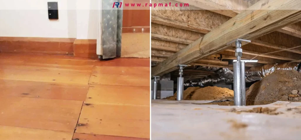 A comparison of structural deflection. The left image shows a wooden floor with significant strain (sagging) due to a low effective elastic modulus. The right image shows the use of high-modulus steel jack posts to provide compressive stiffness and support.