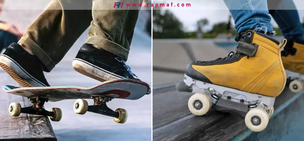 A Rapmaf composite image comparing skateboard wheels and roller skate wheels to explain durometer hardness. Both use polyurethane wheels where a higher durometer (like 90A) offers more speed and durability, while a lower durometer (like 70A) provides better grip and a smoother ride.