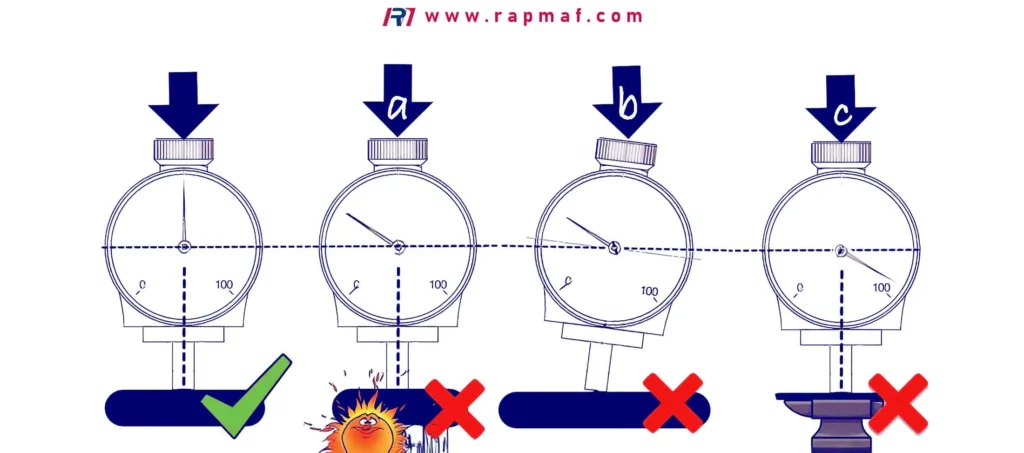 A Rapmaf infographic using a dial indicator as an analogy for correct measurement technique. It shows one correct setup (green checkmark) and three incorrect setups (red X's) to illustrate that, like precision machining, durometer hardness testing requires proper alignment and a stable surface to get an accurate reading.