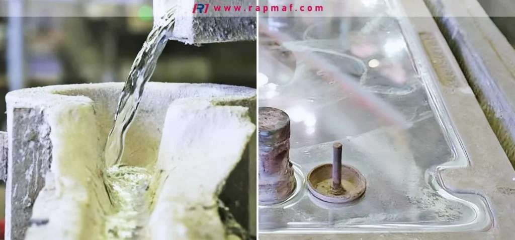 A Rapmaf composite image showcasing the zinc die casting process. The left panel shows molten zinc alloy being poured into a die cast mold. The right panel shows the resulting solid, precision-cast metal part next to its mold component.