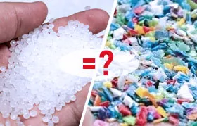 Imej komposit yang mempersoalkan hubungan antara polimer dan plastik. Sebelah kiri menunjukkan tangan memegang seragam, pelet damar polimer dara putih. Sebelah kanan menunjukkan longgokan kepingan plastik kitar semula pelbagai warna yang dicincang. Tanda sama merah besar dengan tanda soal memisahkan mereka, bertanya 'Adakah polimer sama dengan plastik?'