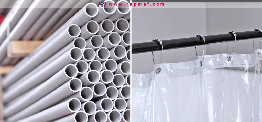 A Rapmaf composite image demonstrating the versatility of a single polymer, PVC (Polyvinyl Chloride). On the left is a stack of rigid, grey PVC pipes used in construction. On the right is a clear, flexible PVC shower curtain. This contrast shows how additives can dramatically change a polymer's properties.