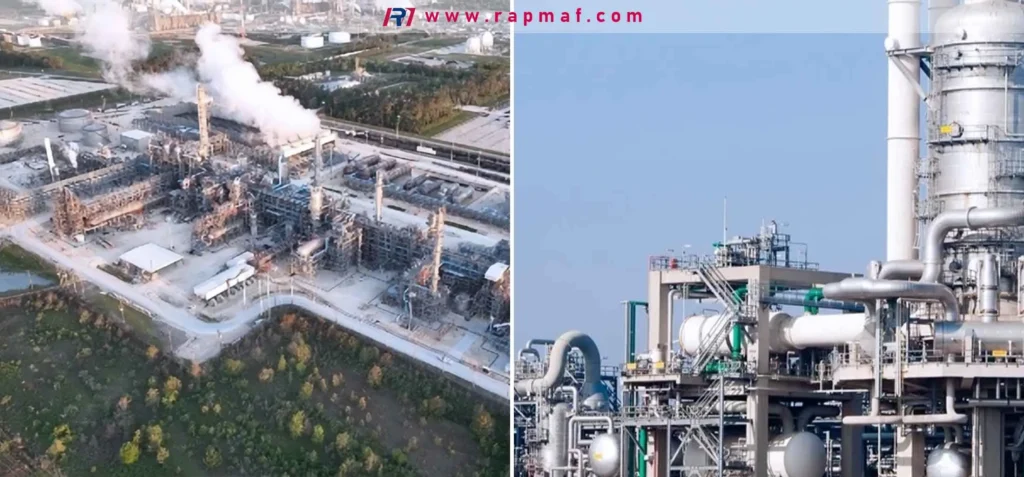 A Rapmaf composite image of a petrochemical refinery, the primary source of propylene. The left shows an aerial view of the entire plant, while the right shows a close-up of the complex distillation towers and piping used in steam cracking and catalytic cracking to produce propylene.