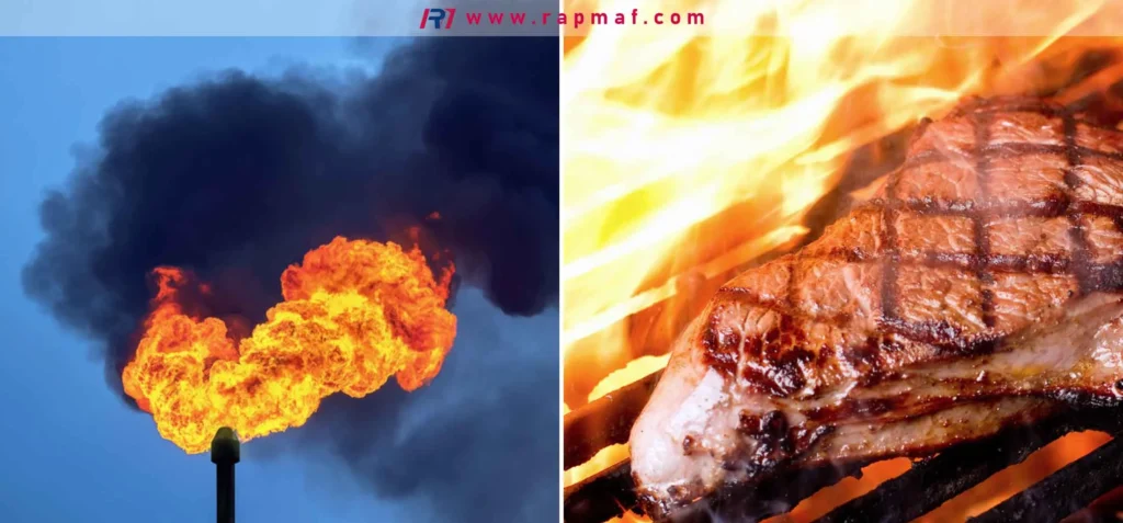 A Rapmaf composite image explaining propylene. The left panel shows an industrial flare stack burning off excess hydrocarbon gas, a source of propylene. The right panel shows a steak grilling over intense flames, representing propylene's use as a high-temperature fuel gas.