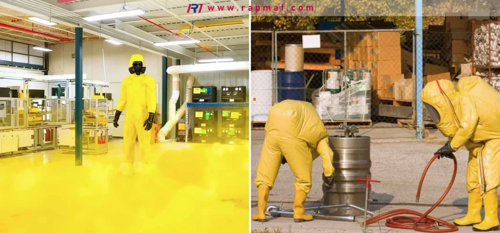 A Rapmaf composite image showing workers in full yellow hazmat suits. The left shows a worker in a cleanroom environment, and the right shows workers handling a chemical barrel. This illustrates the safety procedures required for handling flammable and hazardous chemicals like propylene in industrial settings.