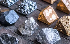Pelbagai bijih logam mentah dan mineral yang disusun di atas permukaan kayu. Koleksi ini mempamerkan keadaan semula jadi, logam yang tidak ditapis seperti besi, aluminium dan tembaga sebelum diproses, menyerlahkan asal usul geologi dan rupa yang berbeza-beza.