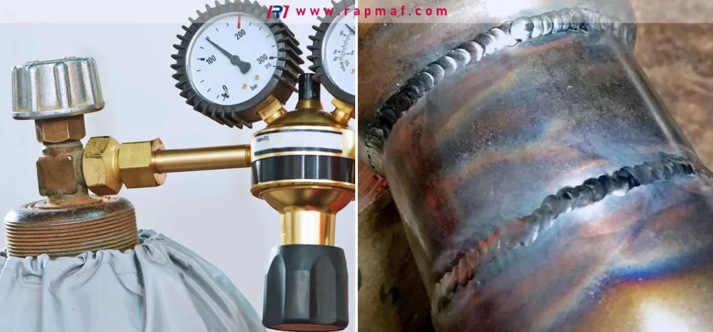 A Rapmaf composite image connecting welding gas to weld quality. On the left, a regulator and pressure gauges are attached to a cylinder of welding shielding gas. On the right, a close-up of a clean, strong TIG weld on a metal pipe, showing the "stack of dimes" effect that results from proper gas shielding.