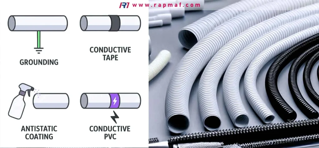 A Rapmaf image explaining how to manage static electricity in plastics. The left side shows four methods: grounding, conductive tape, antistatic coating, and using conductive PVC. The right side shows a collection of industrial-grade corrugated plastic conduits, a common application for specialized polymers.