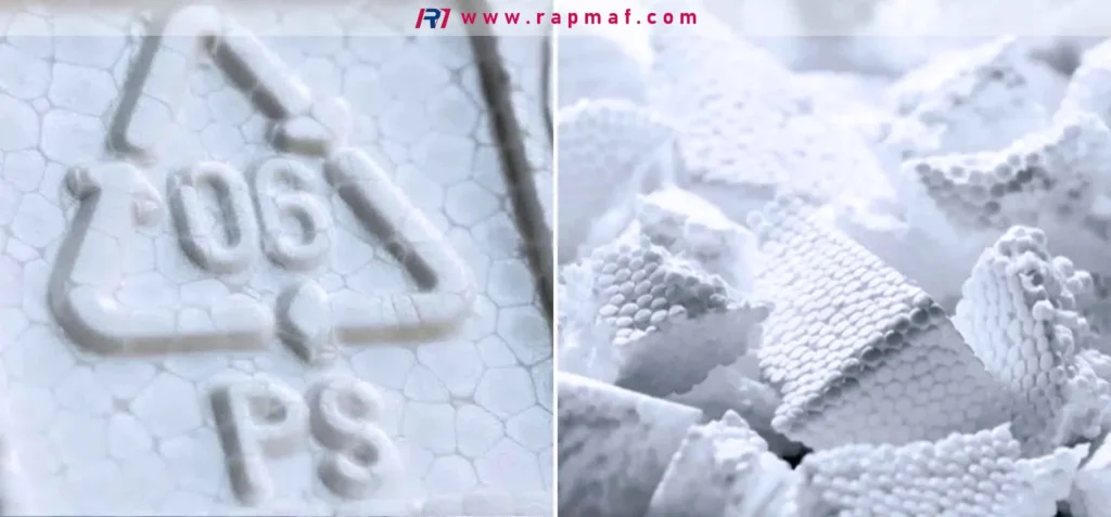 A Rapmaf composite image examining Polystyrene (PS). The left panel is a macro shot of the #6 PS resin identification code molded into a piece of foam. The right panel shows the internal structure of expanded polystyrene (EPS), revealing its fused bead composition.