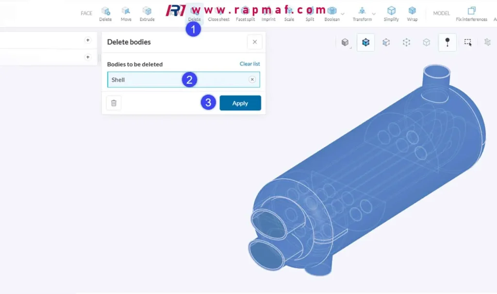 A screenshot of engineering CAD software from Rapmaf showing a 3D model of a copper heat exchanger. This illustrates how a material's density is a critical property used in software to calculate the mass and structural characteristics of a precision-manufactured component.
