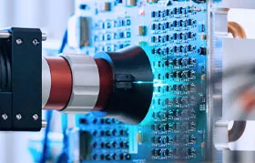 A close-up of a machine vision system, featuring a precision-machined lens assembly, performing automated optical inspection (AOI) on a complex printed circuit board (PCB) for AI hardware. This demonstrates how precision components are critical for quality control in electronics manufacturing.