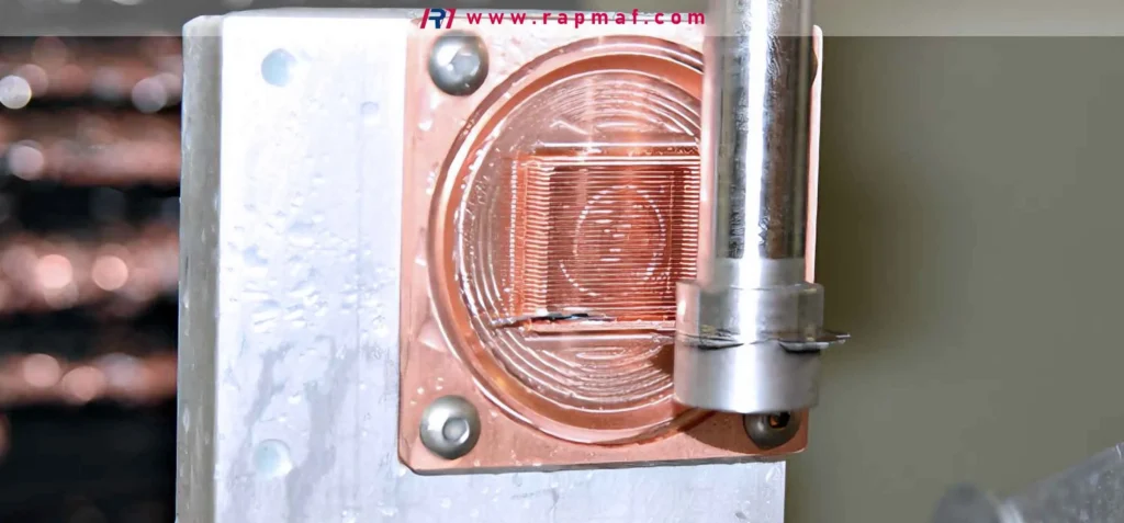 A Rapmaf image of a high-performance copper liquid cooling cold plate, a critical component for AI thermal management. The intricate, precisely machined micro-channels are visible, designed to efficiently dissipate the extreme heat generated by AI processors and GPUs.