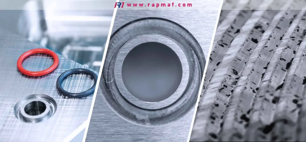A Rapmaf triptych showcasing the hallmarks of precision machining for AI hardware. The panels display (from left to right): a perfectly machined O-ring groove for sealing, a flawless countersunk hole with a smooth surface finish, and a macro shot of a milled surface texture, all requiring tight tolerances.