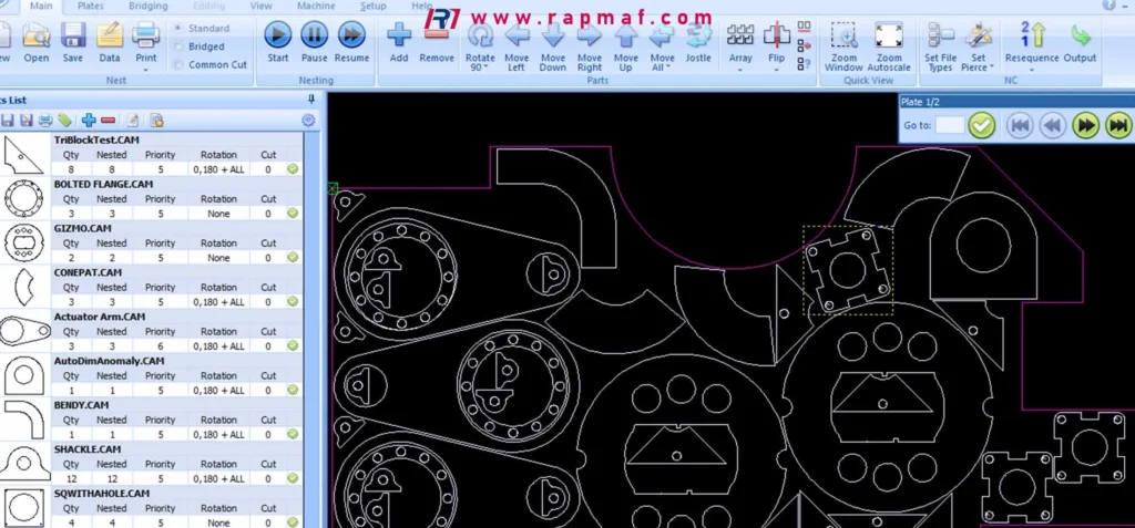 A screenshot of CAM (Computer-Aided Manufacturing) software used by Rapmaf to perform material nesting. Multiple complex parts are efficiently arranged on a single plate to minimize scrap and significantly cut copper material costs.