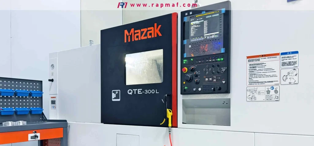 A modern, high-efficiency Mazak QTE-300L CNC machine in the Rapmaf workshop. Investing in advanced equipment like this reduces cycle times, improves accuracy, and lowers operational costs to help combat the high price of materials like copper.