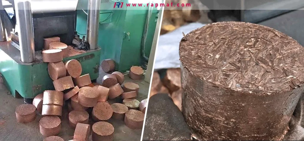 A Rapmaf composite image showing copper scrap management. On the left are cylindrical copper offcuts from machining, and on the right is a large, compressed billet of recycled copper chips (swarf), highlighting a key strategy for cost recovery.