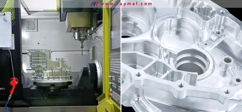 A diptych from Rapmaf illustrating the creation of a robotic gearbox housing. The left shows a CNC machining center with a multi-tool head working on a complex aluminum part mounted on a rotary axis. The right shows a close-up of the finished, intricate part, highlighting the precision surfaces and features required for humanoid robot joints.