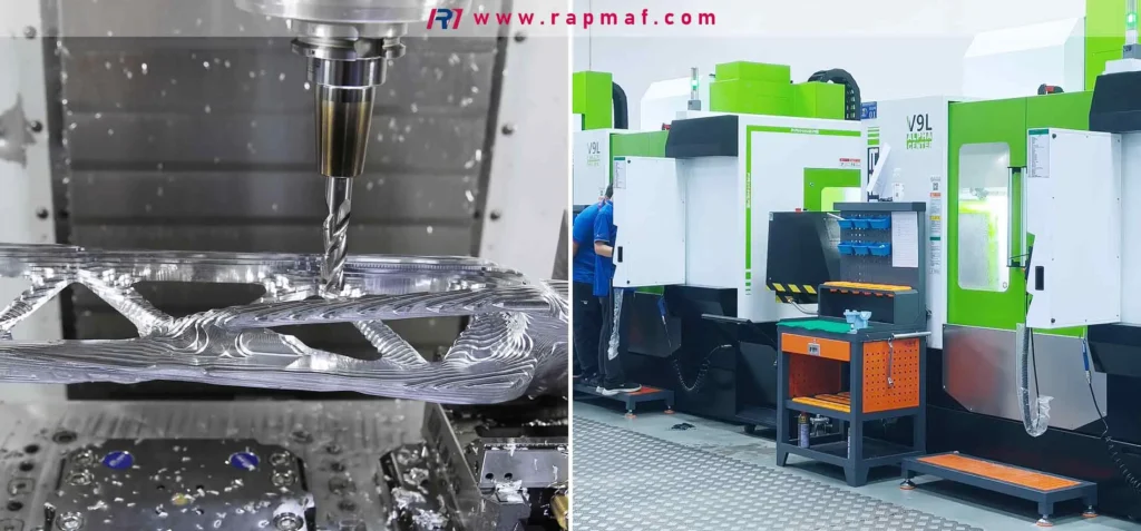 A Rapmaf composite image showcasing the CNC machining of humanoid robot components. The left panel is a close-up of a 5-axis CNC mill precisely carving a complex, lightweight aluminum structural part reminiscent of a bone. The right panel shows the modern Rapmaf workshop with its advanced CNC machining centers, highlighting the production capability for robotics.