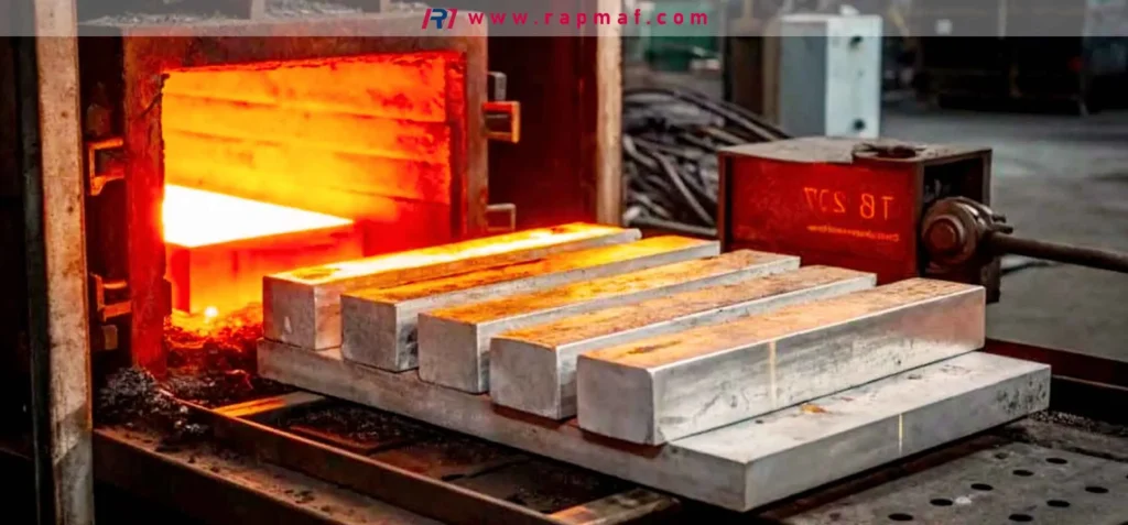Un lote de tochos metálicos cortados con precisión, probablemente de aluminio o acero, se carga en un horno de tratamiento térmico en Rapmaf. Este es un paso crítico de alivio de tensiones que se realiza para garantizar la estabilidad dimensional del bloque de material antes y después de su mecanizado CNC final.