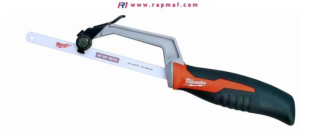 Hand hacksaw used for cutting metal manually.