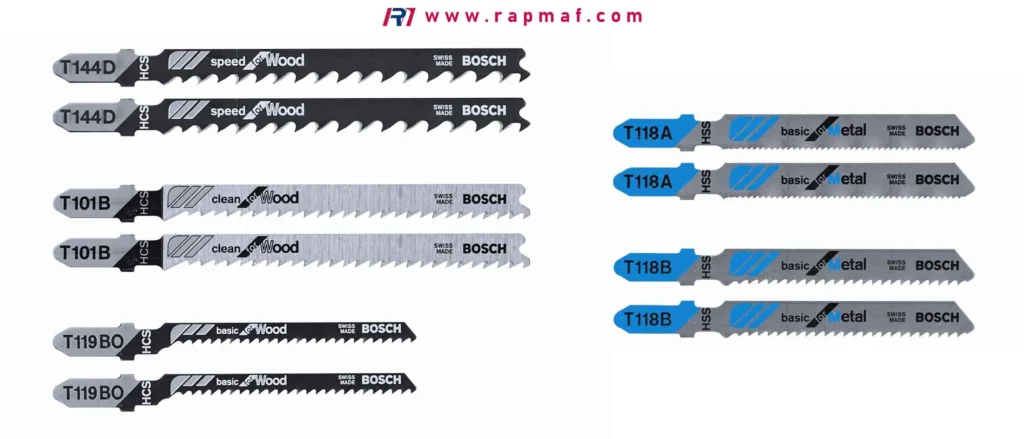 Jigsaw blades labeled for wood and for metal, showing different tooth pitch and materials.
