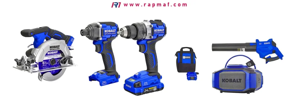 Set of cordless power tools including circular saw and drills.