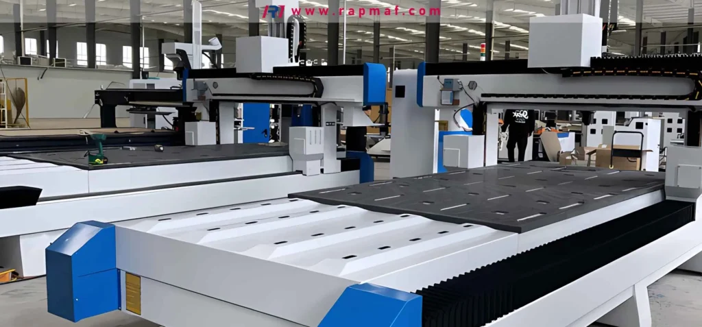 Large flatbed laser cutting machine used for sheet metal processing.
