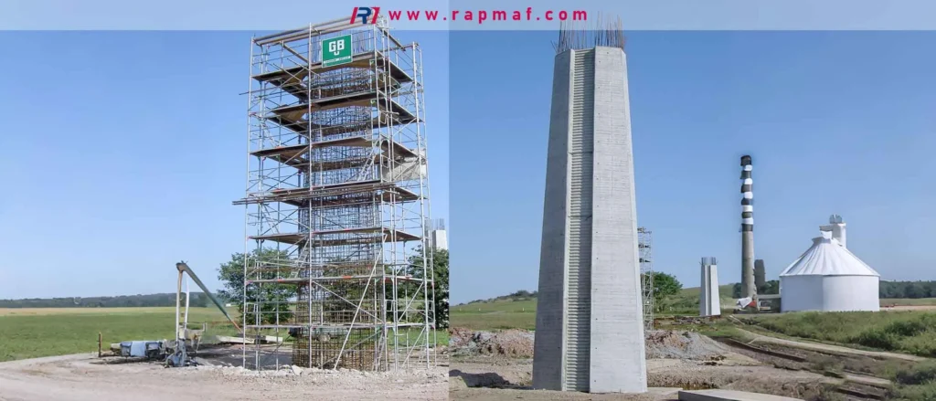 Rapmafによる鉄筋コンクリート柱の建設状況を示す比較画像。左側は複雑な鉄筋ケージと足場、右側は完成した滑らかなコンクリート構造です。これは、一般的で不可欠な複合材料である鉄筋コンクリートを示しています。
