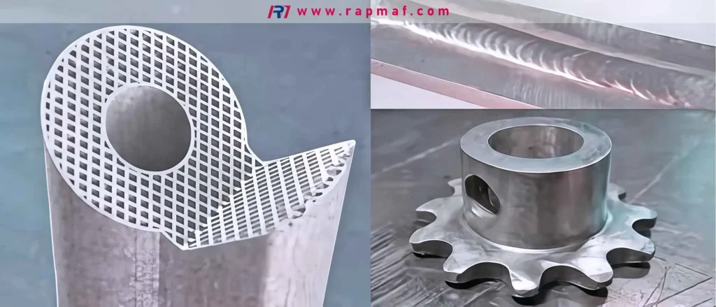 Rapmafによる、先進的な製造技術を対比させた合成画像。3Dプリントされた格子構造、摩擦攪拌接合による継ぎ目、そして高精度CNC加工された金属ギアが示されています。複合材と高度な機械加工がいかにして現代のエンジニアリングソリューションを生み出すのかを浮き彫りにしています。