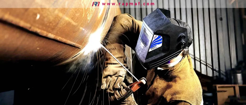 A close-up action shot of a skilled SMAW welder at work, a key image for Rapmaf's guide on welder pay. The welder, wearing a protective helmet and gloves, is performing a shielded metal arc weld (stick weld) on a large diameter pipe, with a bright arc and sparks clearly visible.