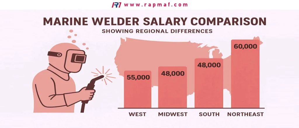 A Rapmaf infographic titled 'Marine Welder Salary Comparison,' showing regional pay differences in the US. It features a bar chart comparing average salaries in four regions: West ($55,000), Midwest ($48,000), South ($48,000), and Northeast ($60,000), with an illustration of a welder.