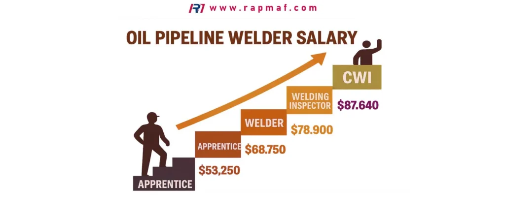 An infographic from Rapmaf illustrating the career progression and salary growth for an oil pipeline welder. It shows a welder climbing steps labeled with job titles and corresponding average salaries, starting from Apprentice ($53,250) and advancing to Welder ($78,900) and finally to Certified Welding Inspector (CWI) at $87,640.