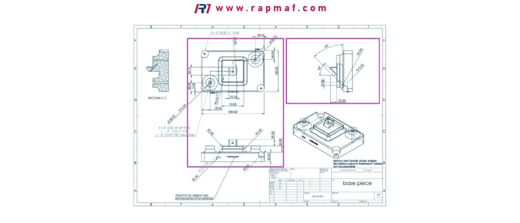 An official engineering drawing for a 'base piece,' illustrating the critical role of technical specifications in precision manufacturing, a core part of the Rapmaf process. The blueprint includes multiple views, precise dimensions, and tight tolerances required for making aerospace-grade components.