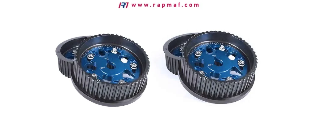 A pair of custom CNC machined timing pulleys with blue anodized aluminum hubs, manufactured by Rapmaf. This image serves as an example of the high-precision components required for advanced machinery like those found in the aerospace and automotive industries, showcasing manufacturing capability.