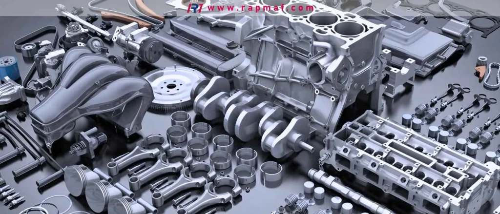 A complete set of disassembled internal combustion engine parts laid out neatly, an image from Rapmaf's guide used to visualize the sheer number of precision components in a complex machine. This serves as an analogy for the hundreds of machined parts inside a jet engine, such as the engine block, crankshaft, and pistons.